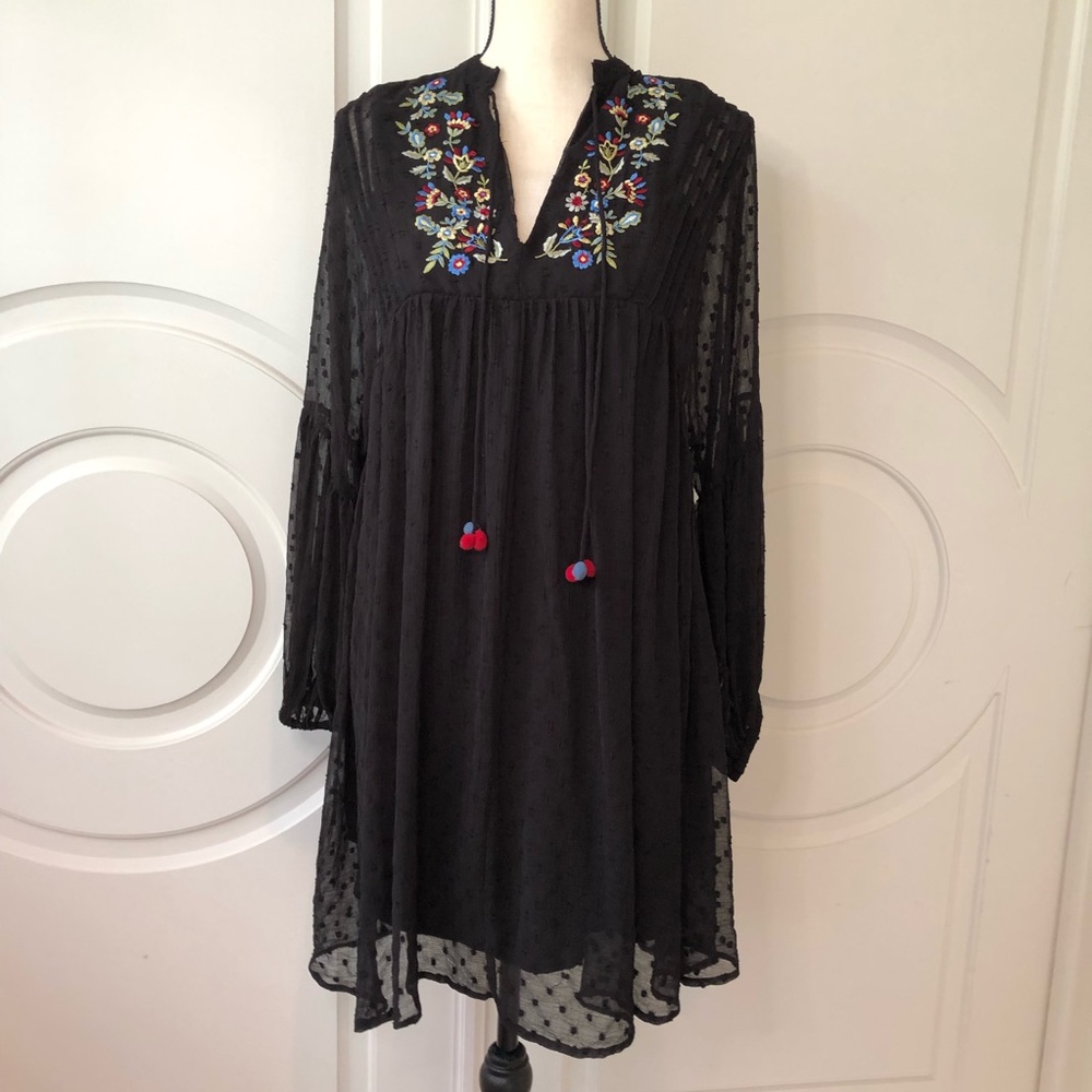 Zara Embroidered Dot Mesh Dress Boho Flowy